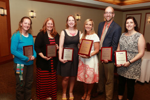 Honorees in the 2015 H.L. Hall Yearbook Adviser of the Year competition, from left, Special Recognition Yearbook Advisers Leslie Shipp, MJE, of Johnston High School, Johnston, Iowa, and Laura Zhu, CJE, of Toby Johnson Middle School, Elk Grove, California; Distinguished Yearbook Adviser Erinn Harris, MJE, of Thomas Jefferson High School for Science and Technology, Alexandria, Virginia; Yearbook Adviser of the Year Renee Burke, MJE, of William R. Boone High School, Orlando, Florida; Distinguished Yearbook Adviser Michael Simons, MJE, of Corning-Painted Post High School in Corning, New York; and Special Recognition Yearbook Adviser Sarah Verpooten, MJE, of Lake Central High School, St. John, Indiana. Photo by Mark Murray
