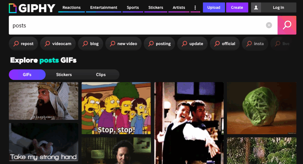 This is a screenshot of the giphy.com homepage
