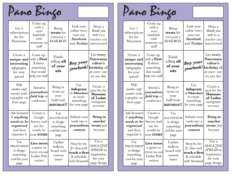 This is an image of a bingo card with different writing in it. It is purple and white.