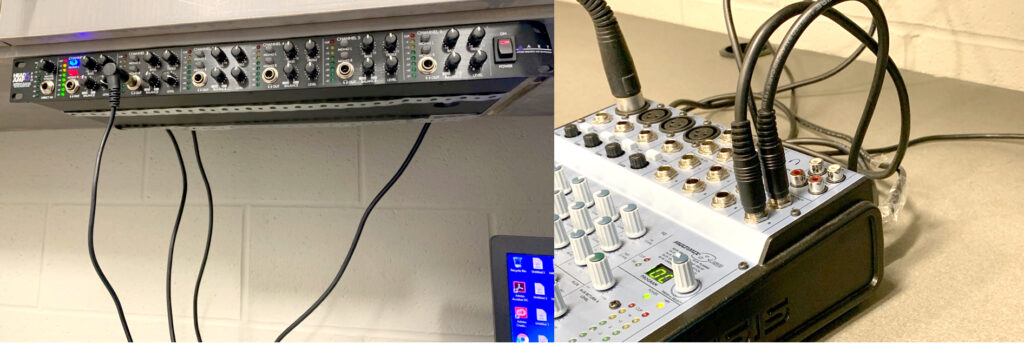 This is an image of an audio mixer with wires plugged into it. 
