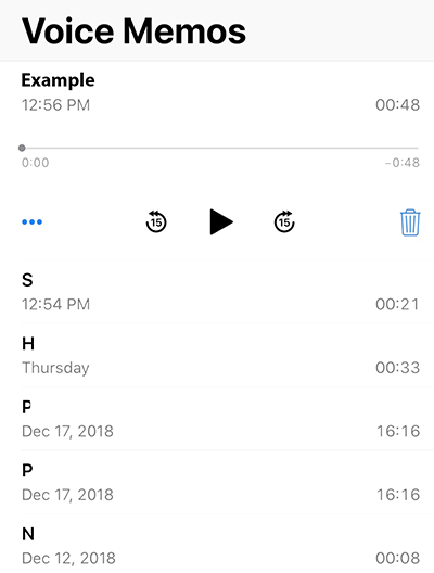 Shown are a list of recordings in the Voice Memos app on an iPhone.