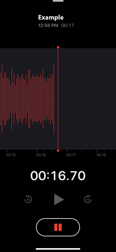 Shown is an example of a recording put on pause in the Voice Memos app on an iPhone.