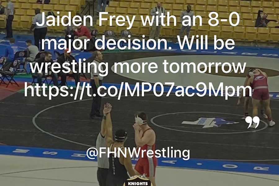 Image of wrestlers with text overtop that reads, Jaiden Frey with an 8-0 major decision. Will be wrestling more tomorrow https://t.co?MP07ac9Mpm @FHNwrestling