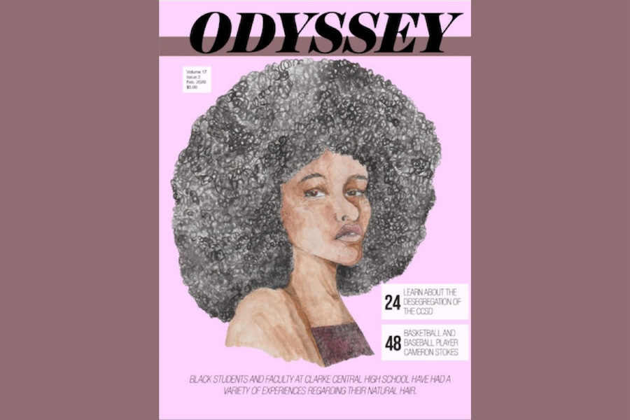 Web Cover of Odyssey magazine which is an illustration of a black woman with her natural hair, the magazine reads, Black students and faculty at Clarke Central High School have had a variety of experiences regarding their natural hair