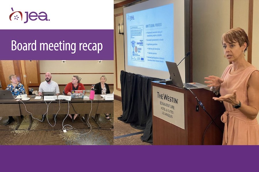 JEA Board meeting Recap that shows a woman presenting a presentation and a panel of 4 board members.