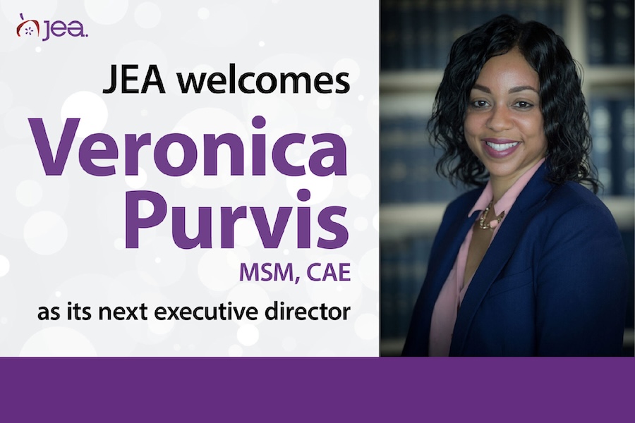 Web Photo of Veronica Purvis that reads JEA welcomes Veronica Purvis MSM, CAE as its next executive director
