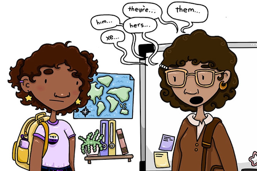 Illustration of two girls and one girl is guessing the others pronouns