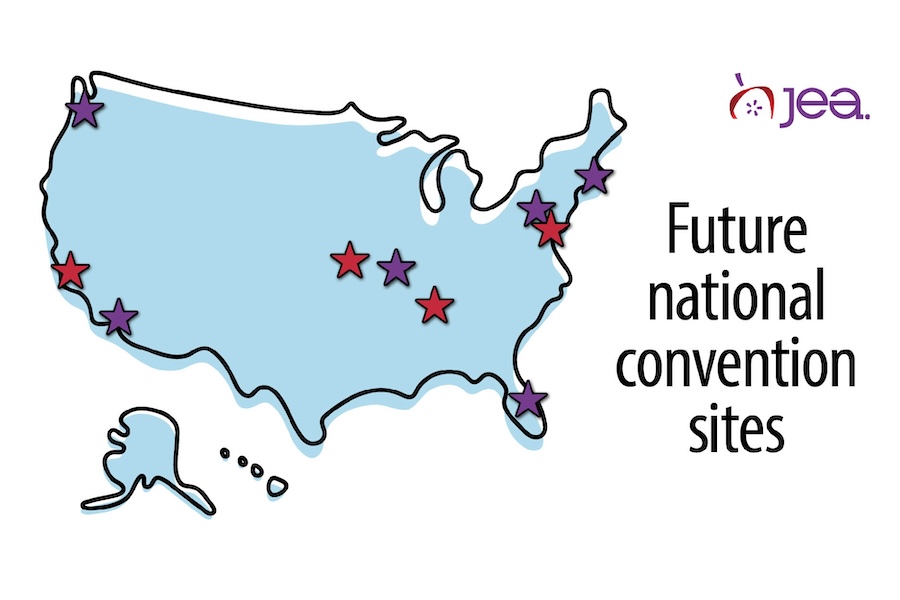 Web Illustration of a map of the U.S with stars over the upcoming National Convention sites