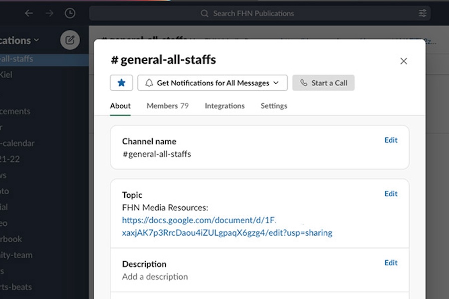 Screenshot of the description tab in Slack