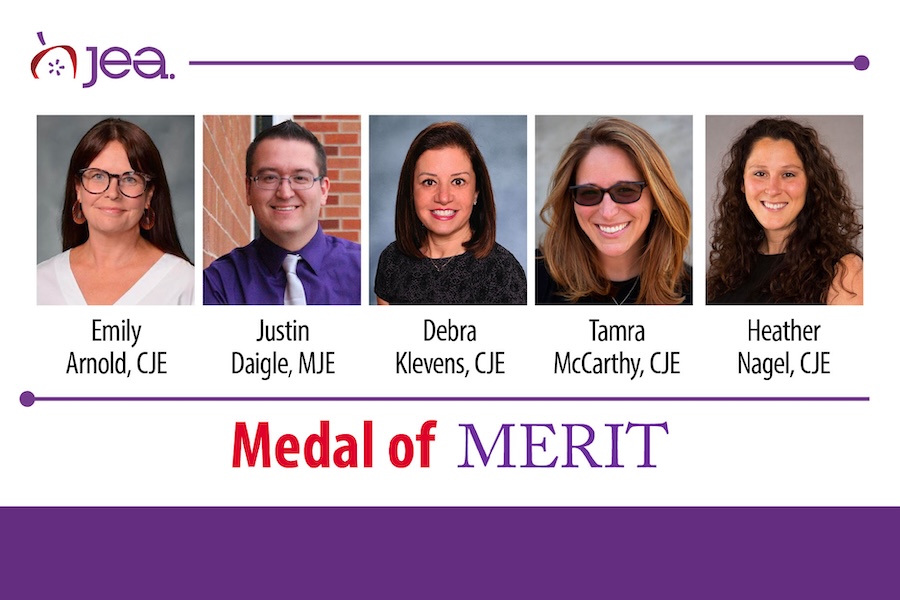 Web JEA Medal of Merit and 5 mugshots, Emily Arnold, CJE, Justin Daigle, MJE, Debra Klevens, CJE, Tamra McCarthy, CJE, Heather Nagelm CJE