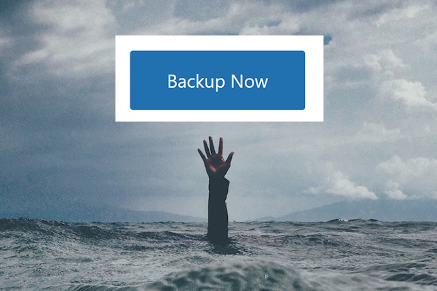 Photo of a person reaching their hand out of the water to a 'Backup Now' Button