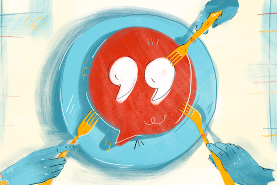Illustration of 3 people using a fork to poke at a bowl with quotation marks inside