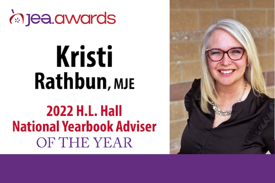 Web JEA Awards Kristi Rathbun, MJE, photo of Kristi, 2022 H.L. Hall National Yearbook Adviser of the Year