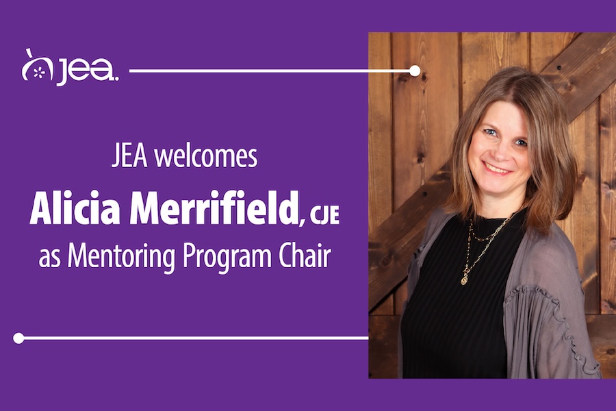 Alicia Merrifield Leads Mentoring Smiling headshot of Alicia Merrifield. The graphic has a purple background, the JEA logo and text that reads, "JEA welcomes Alicia Merrifield, CJE as Mentoring Program Chair