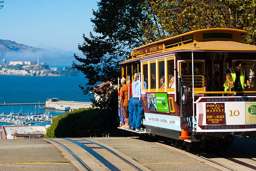 Photo of a trolly overlooking Alcatraz