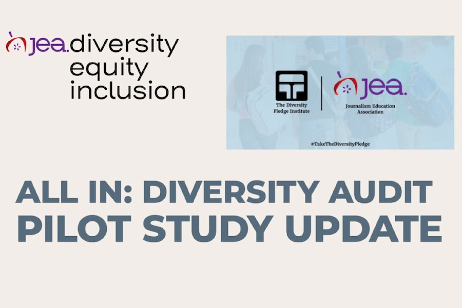 Web JEA Diversity equity inclusion. All in: Diversity Audit Pilot Study Update. Image of students at school with JEA and The diversity pledge institue logos over top