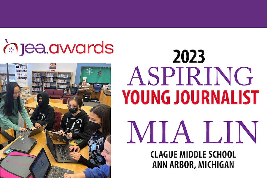 Web JEA Awards 2023 Aspiring Young Journalist Mia Lin, Clague Middle School, Ann Arbor Michigan, Photo of Mia with others students at school