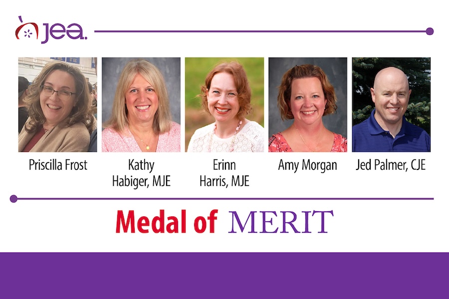 Web JEA Medal of Merit with 5 mugshots, Priscilla Frost, Kathy Habiger, MJE, Erinn Harris, MJE, Amy Morgan, Jed Palmer, CJE