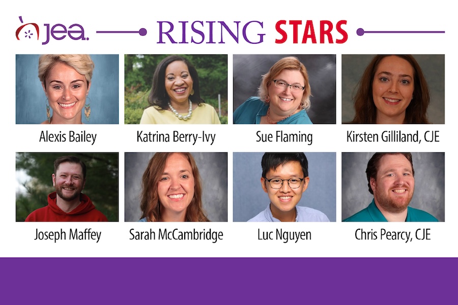 Web JEA Rising Stars with 8 mugshots, Alexi bailey, katrina Berry-Ivy, Sue Flaming, Kirsten Gilliland, CJE, Joseph Maffey, Sarah McCambridge, Luc Nguyen, Chris Pearcy, CJE
