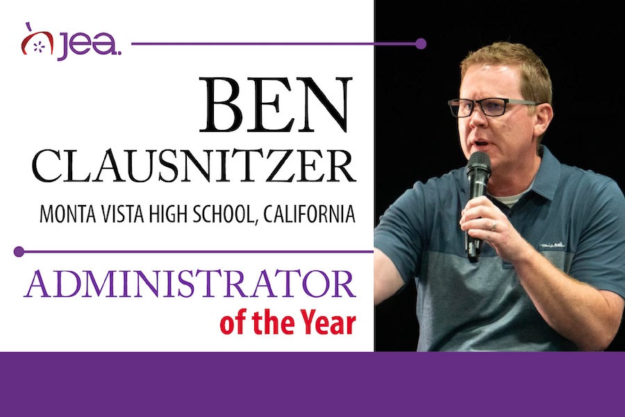 Web JEA Administrator of the Year, Ben Clausnitzer, Monta Vista High School, California, Photo of Ben talking into a microphone