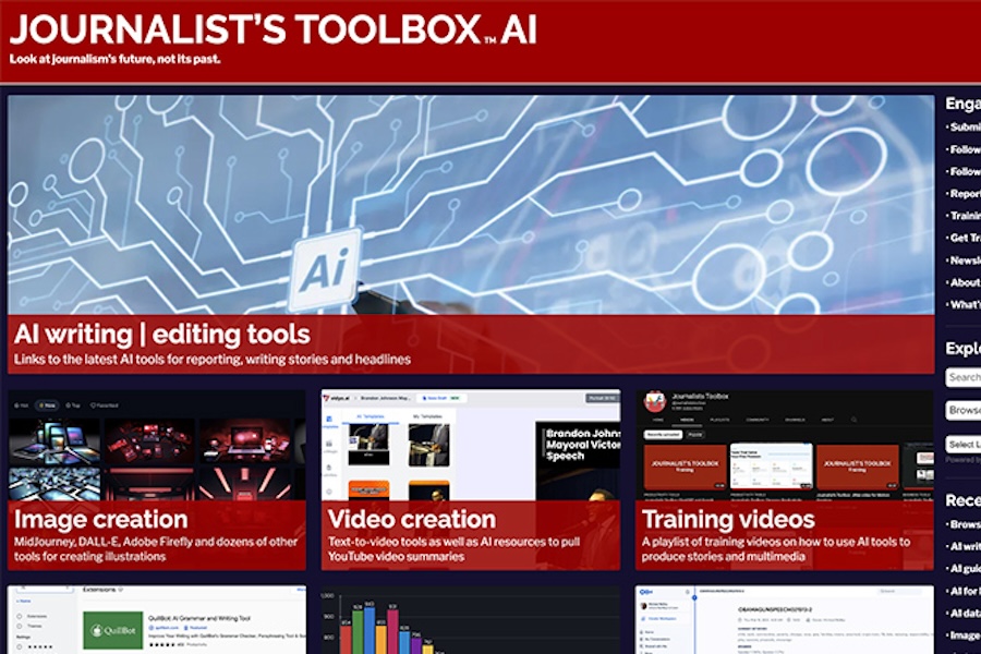 Screenshot from the Journalist's Toolbox AI site that discusses image creation, video creation and training video