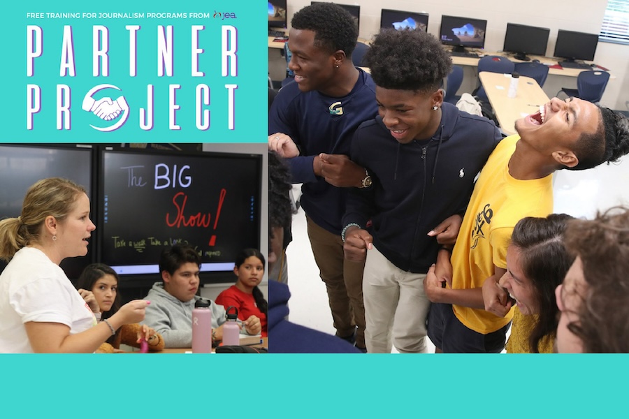 2 images of children laughing and listening to a teacher with the Partner Project logo that reads, free training for journalism programs from JEA