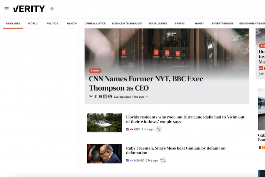 A screenshot from Verity news that reads CNN names former NYT, BBC, Exec Thompson as CEO