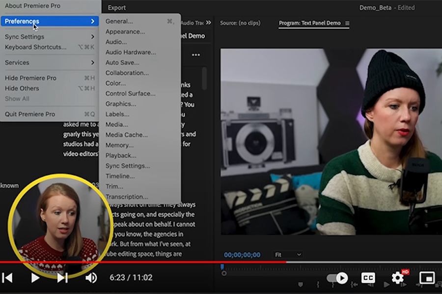 Screenshot from a YouTube video of someone using Adobe Premiere and showing new updates
