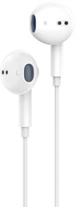 These are two white wired headphones that fit inside an ear. 