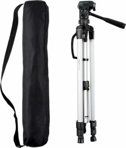 On the left there is a black carrying case for a tripod, on the right there is a 3-legged tripod that is black and silver. 