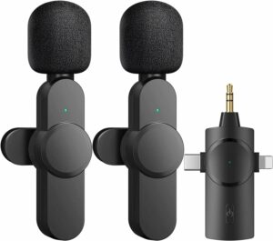These are two lapel microphones that connect via bluetooth. They are black with a connector that goes into a phone or camera. 