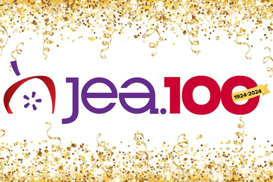 JEA100_Celebration Logo of the Jea 100 logo with confetti