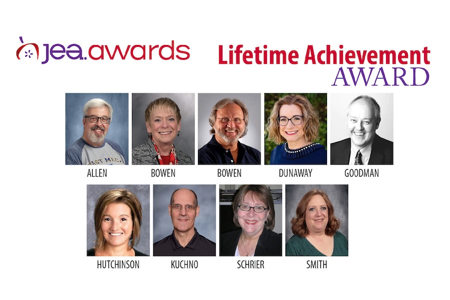 Web JEA awards, Lifetime Achievement Award, 9 mugshots, Allen, Bowen, Bowen, Dunaway, Goodman, Hutchinson, Kuchno, Schrier, Smith