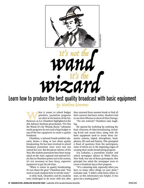 This is a post showing an article from AJ Chambers. There is a wizard line art at the top with the headline and article beneath it.