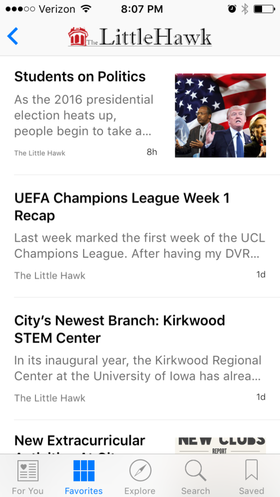 Screenshot from the Little Hawk news app