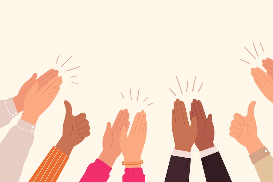 Human hands clapping. People crowd applaud to congratulate success job. Hand thumbs up. Business team cheering and ovation vector concept 5 people clap their hands in applause