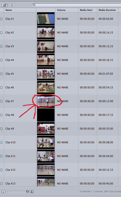 Screenshot of a video editing tool that shows clip #7 circled in red