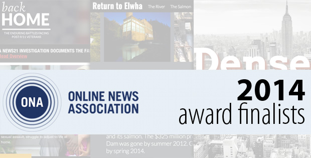 ONA website screenshots with the ONA logo overtop that reads Online News Association, 2014 award finalists