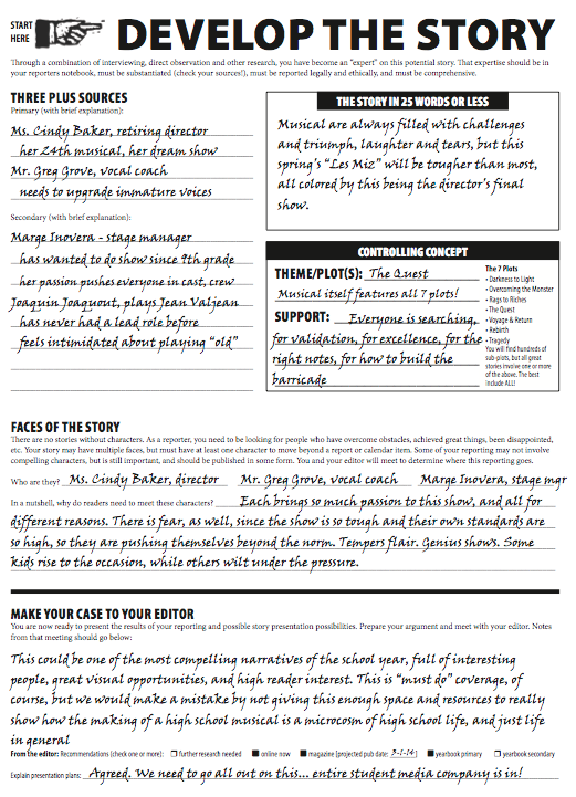 Document titled Develop the Story with sections titled Three Plus Sources, The story in 25 words or less, Controlling concepts, Faces of the Story and Make your case to your editor