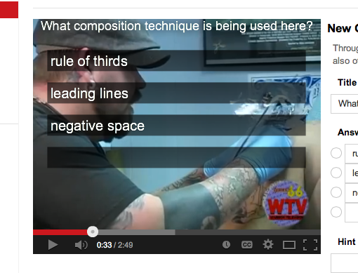 Screenshot from a video of a quiz with the question WHat composition technique is being used here, rule of thirds, leading lines or negative space