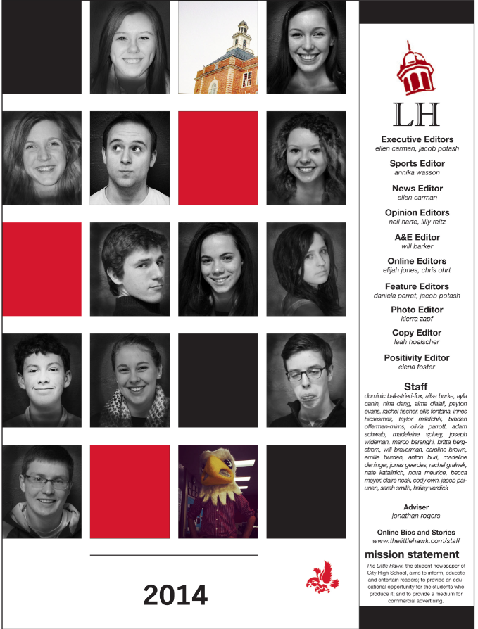 Design from a newsmagazine that has mugshots of students and an eagle mascot with a Staffer column with a Mission Statement, 2014