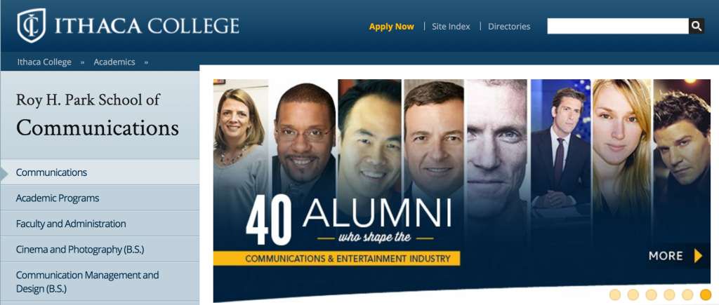 Screenshot of the Ithaca college website