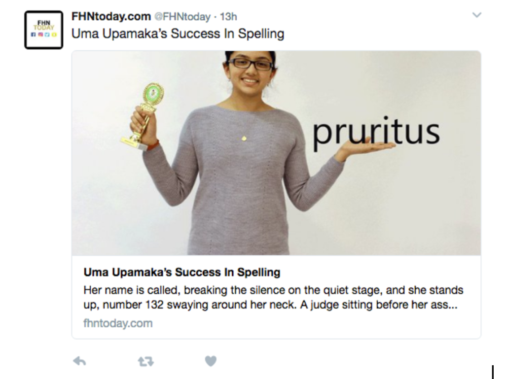 Screenshot from the awesome FHNtoday.com Twitter page which features a story about Uma Upamaka's Success in Spelling