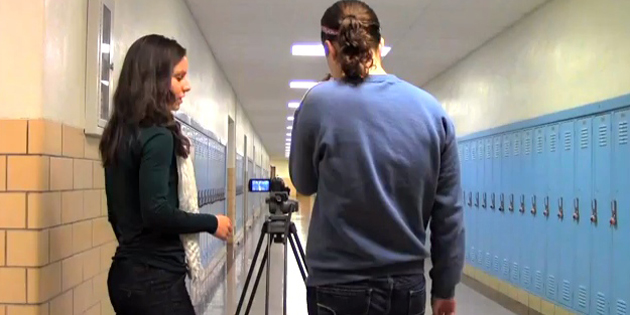Photo of two people recording a interview