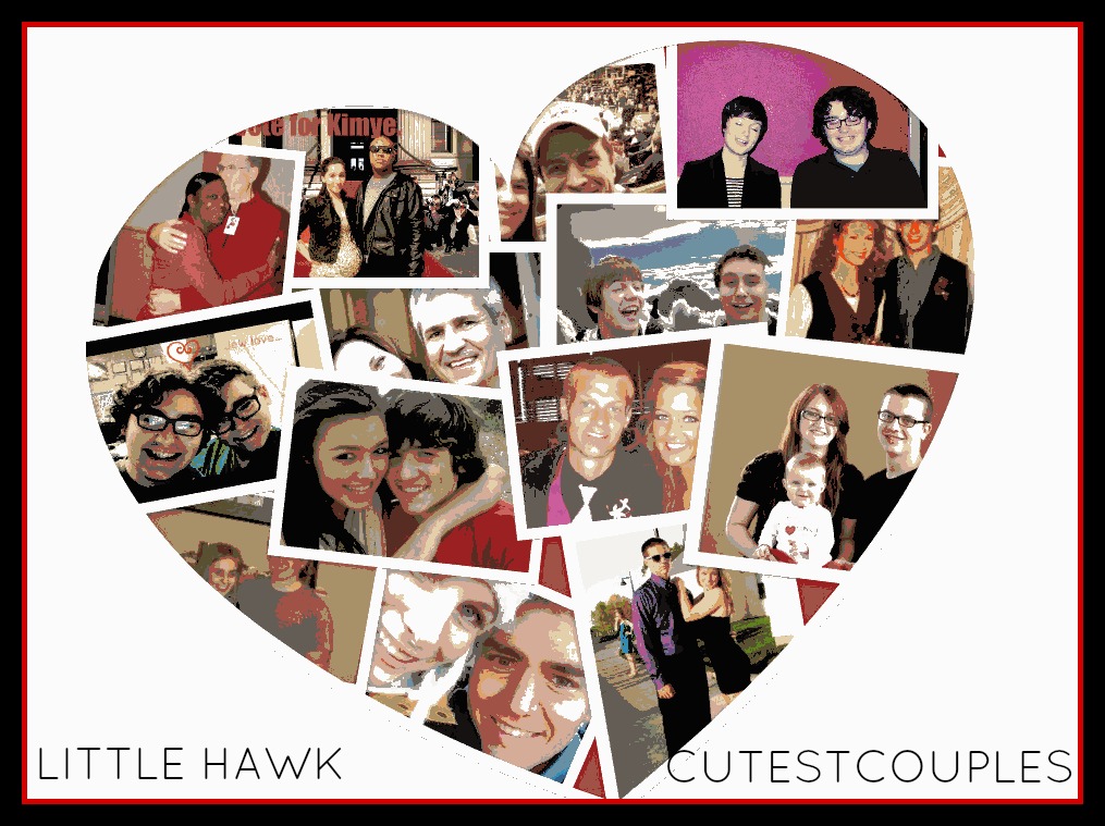 Graphic of a heart with photos of couples in the heart, Little Hawk Cutest Couples