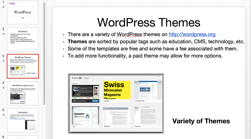 Screenshot from a Google Slideshow presentation about WordPress and slide 3 discusses Word Press themes