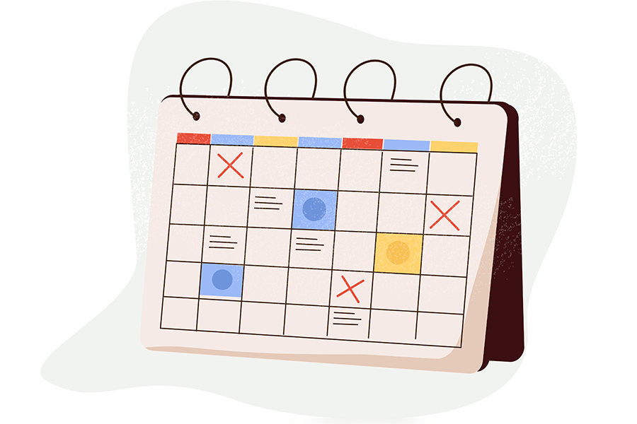 Illustration of a calendar with days marked off and color-coded