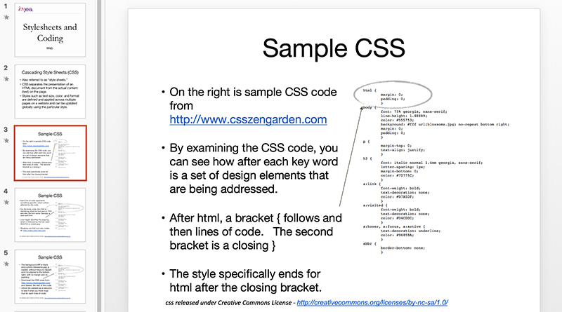 Screenshot from the JEA Stylesheets and Coding curriculum Google presentation. Slide 3 discusses Sample CSS