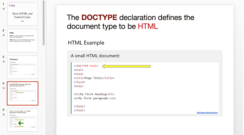 Screenshot from a JEA Google Presentation about Basic HTML and Embed Codes. Slide 4 explains the DOCTYPE declaration defines the document type to be HTML