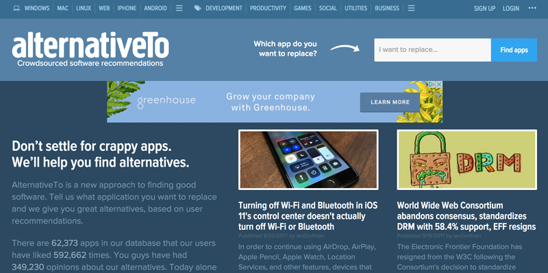 Screenshot from the AlternativeTO website and a headline that reads Don't settle for crappy apps. We'll help you find alternatives
